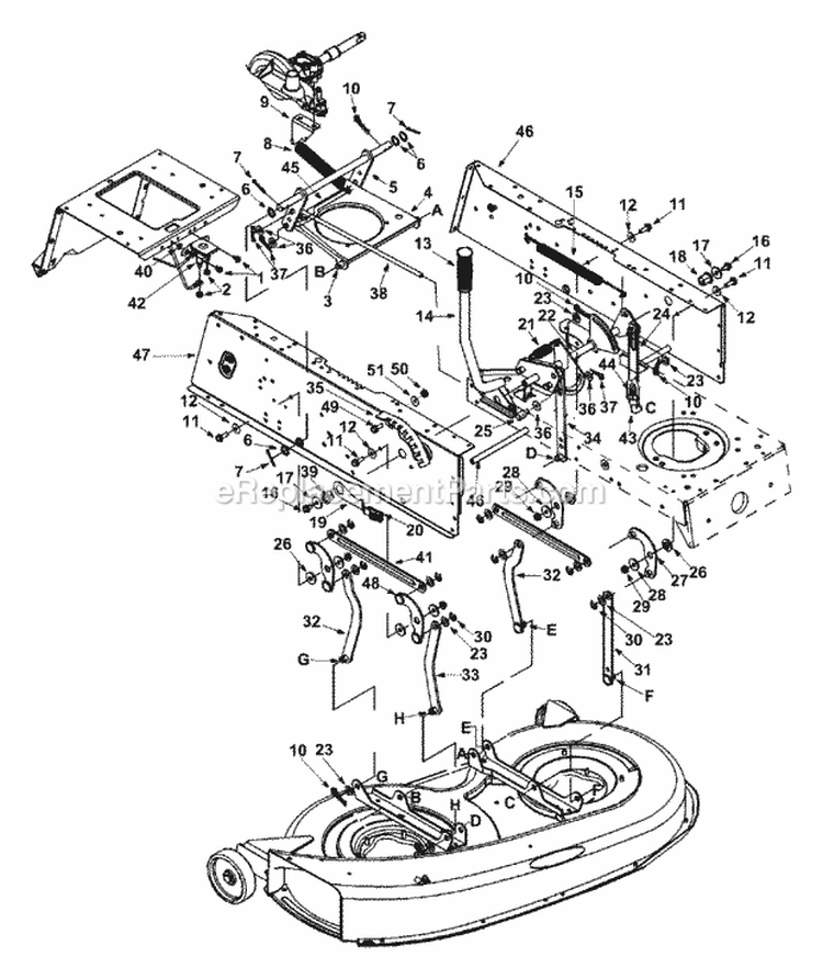 Deck Lift  Hanger Assembly Diagram and Parts List for 13A4662F129 2002 Yard Machines Lawn Tractor